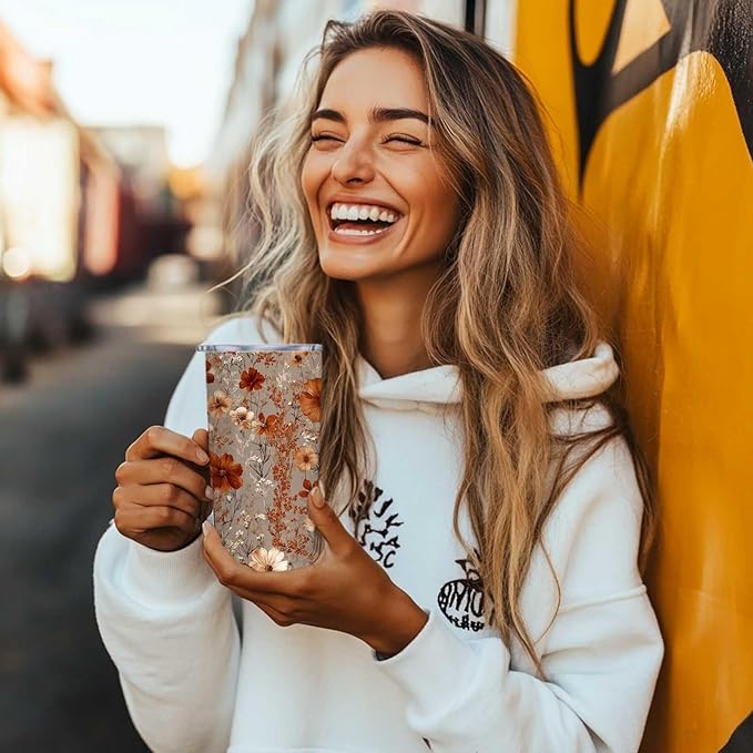Retro Flower Tumbler 20 oz | Travel Coffee Mug with Lid and Straw | Stainless Steel Tea Cup for Men and Women | Office and Home Drinkware | Floral Christmas or Birthday Gifts