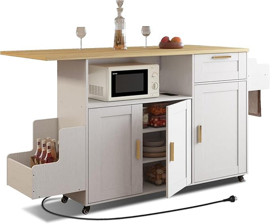 Rolling Mobile Kitchen Island with Storage and Drop Leaf on Wheels, 67" Desk Island for Kitchen with Power Socket and Drawer, Mobile Portable Carts with Spice Rack and Towel Rack (White, Model 3)