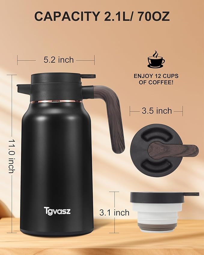 Thermal Coffee Carafe 70 oz - 36 Hour Hot Stainless Steel Carafes for Hot Liquids-Insulated Coffee Carafes For Keeping Hot/Cold Coffee, Tea, Water,Milk, Creamer Dispenser for Coffee Bar(Black)