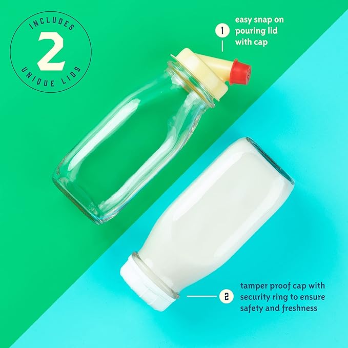 kitchentoolz Glass Creamer Bottle 12 Oz Square Glass Milk Bottle with Lids- Glass Bottles with Lids - Milk Container for Refrigerator - 12 Ounce Milk Bottle with Lid and Pour Spout