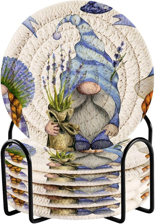 Lavender Gnome Drink Coasters With Holder - Set of 6 Absorbent Decorative Bar Coasters - Cotton Woven for Coffee Table Protection