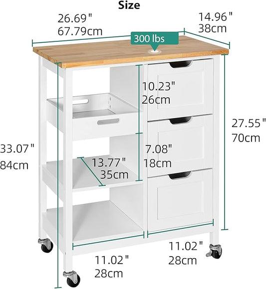 YITAHOME Small Solid Wood Top Kitchen Island Cart on Wheels with Storage, Rolling Portable Dining Room Serving Utility Carts Mobile Movable with 3 Drawers Cabinet, Oak & White