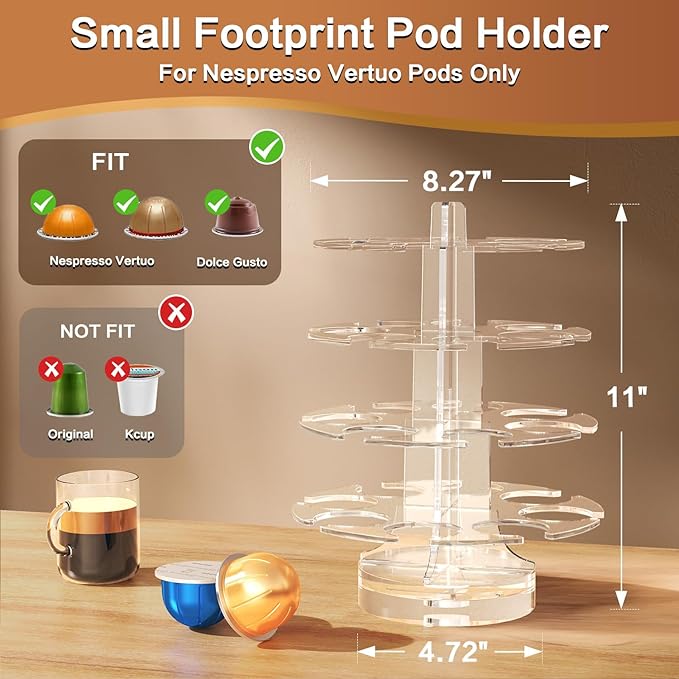 Coffee Pods Holder Acrylic Carousel Stand Compatible with 28 Nespresso Vertuo Capsules And Dolce Gusto Capsules Storage Organizer for Small Countertop