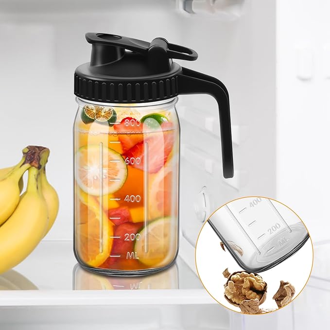 2Pcs Wide Mason Jar Pitcher,32oz Glass Pitcher with Lid Double Leak-proof with Handle Water Jug Wide Mouth Breast Milk Fridge Container for Water, Juice (32oz Black 2pc)