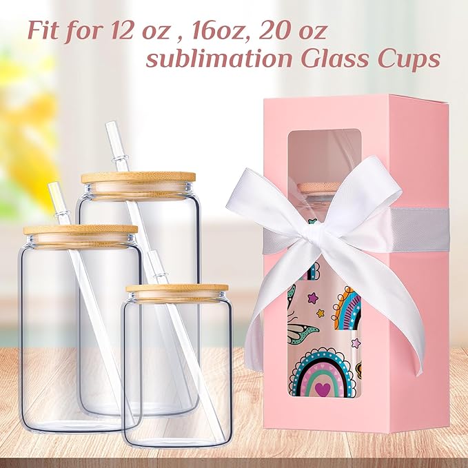 Honoson 24 Pcs Tumbler Gift Box with Ribbon for Sublimation Glass Exhibition Boxes Transparent for 12oz 16oz 20oz Drinking Cup Glasses Jars Mug Can Blanks(Pink)