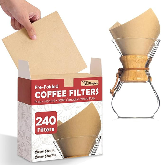 Phyyixs Pre-Folded Unbleached Cone Coffee Filters – Premium Canadian-Imported Thick Paper, Compatible with Chemex Pour-Over Brewers(240 Filters)