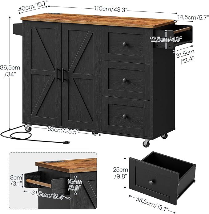 HOOBRO Kitchen Island with Power Outlet, Rolling Kitchen Island on Wheels, Island Table with 3 Large Drawers, Storage Cabinet, Spice Rack and Adjustable Shelf, Black and Rustic Brown BF15UZD01