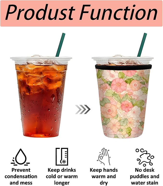 Neoprene Iced Coffee Sleeve 3 Pack, Reusable Insulated Cup Holder with Watercolor Floral Pattern, Fits 16–32 oz Tumblers, Compatible with Starbucks & Dunkin
