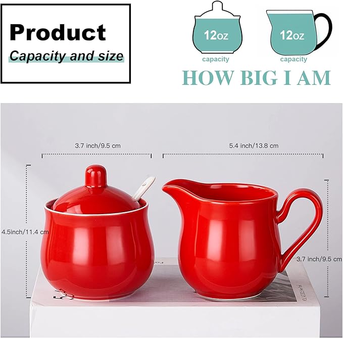 12 OZ Ceramic Sugar and Creamer Set, Coffee Serving Set, 3 Piece Cream Pitcher Sugar Bowl with Lid and Spoon (Red)