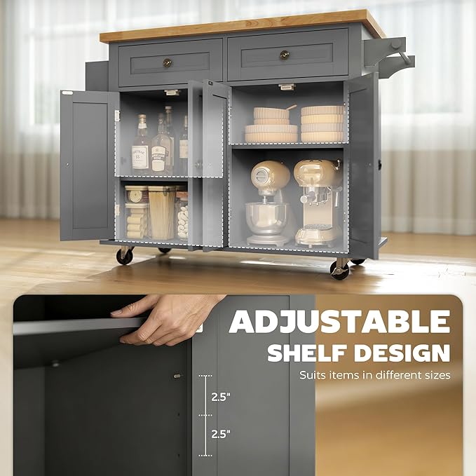 HOMCOM Kitchen Island Cart with Rubber Wood Top, Rolling Kitchen Island Table on Wheels with Drawers, Adjustable Shelves, Spice Rack and Towel Rack for Dining Room, Gray