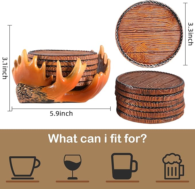 Deer Antler Coasters Set 6 Full Size Non-Slip Cabin Decor Bar Coasters, Indoor Christmas Decorations, Man Cave Gifts for Men and Deer Lovers, Rustic Handmade Cup Coaster for The Home