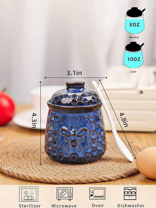 GDCZ Ceramic Sugar Bowl with Lid and Spoon, Honey Containers for Storing Syrup, Farmhouse Kitchen Decor, 10 Oz (Blue)