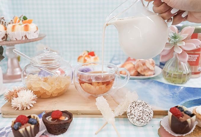 Teabloom Stain-free & Odor-free Borosilicate Glass Sugar and Creamer Set - Tea or Coffee Serving Set Includes Cream Pitcher, Sugar Bowl with Lid and Spoon (Serves up to 5-6 People)