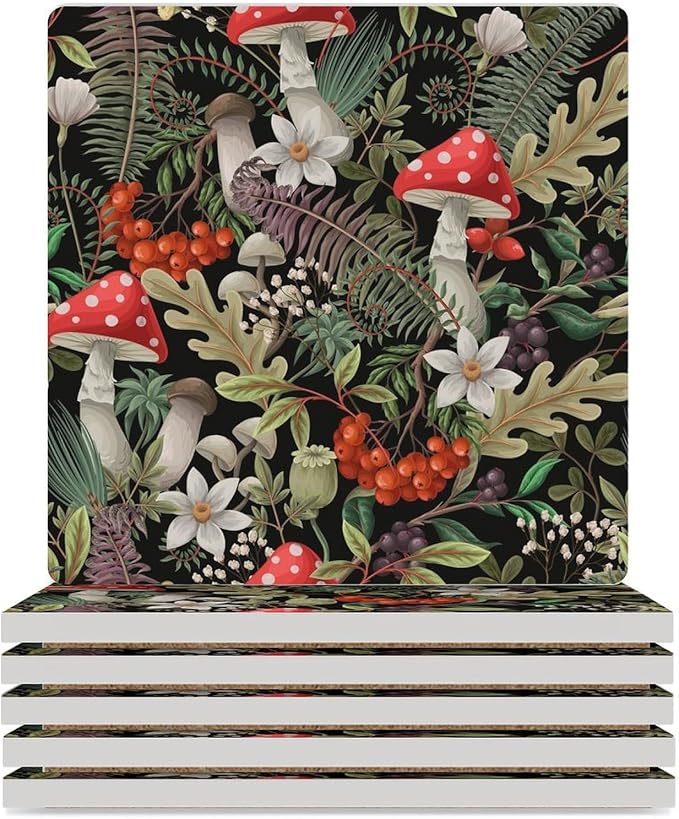 Botanical Drink Coasters, Square Ceramic Drink Coaster Square-6PCS, Wild Floral Botanical Mushroom Nature Plants Herbs Decor Absorbent Ceramic Coasters for Beverage Cup, Bar, Coffee Table