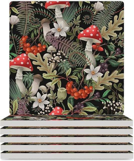 Botanical Drink Coasters, Square Ceramic Drink Coaster Square-6PCS, Wild Floral Botanical Mushroom Nature Plants Herbs Decor Absorbent Ceramic Coasters for Beverage Cup, Bar, Coffee Table