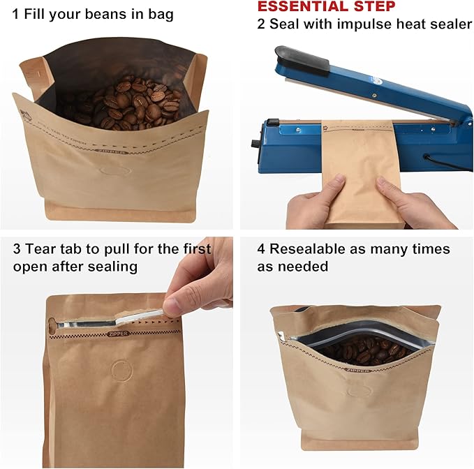 Pack of 50 Kraft Paper Coffee Bag with One-Way Degassing Valve, Stand-up Resealable Zipper Lock, High Barrier Side Gusset Coffee Package Bags, Size 4.33 x 3.15 x 11.8" for 16oz/1lb/500g