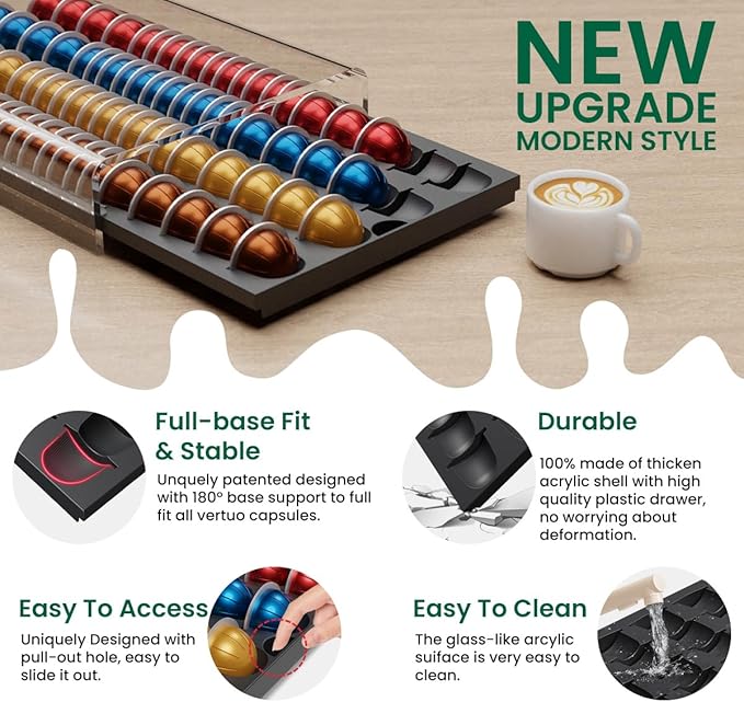 Coffee Pods Storage for Nespresso Vertuo Capsules Organizer, with Arcylic Top & Plastic Drawer, Holds 40 Pods