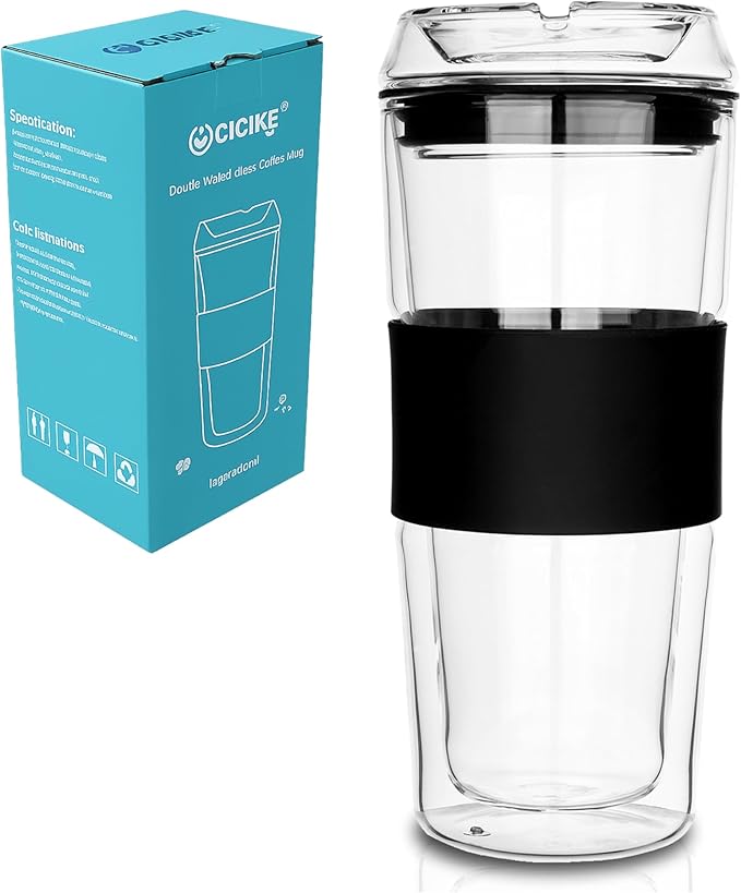 14oz Double Walled Glass Coffee Tumbler with Full Glass Lid & Silicone Sleeve - Non-Slip Insulated Travel Mug with Protective Bottom Bumper - 100% Plastic-Free