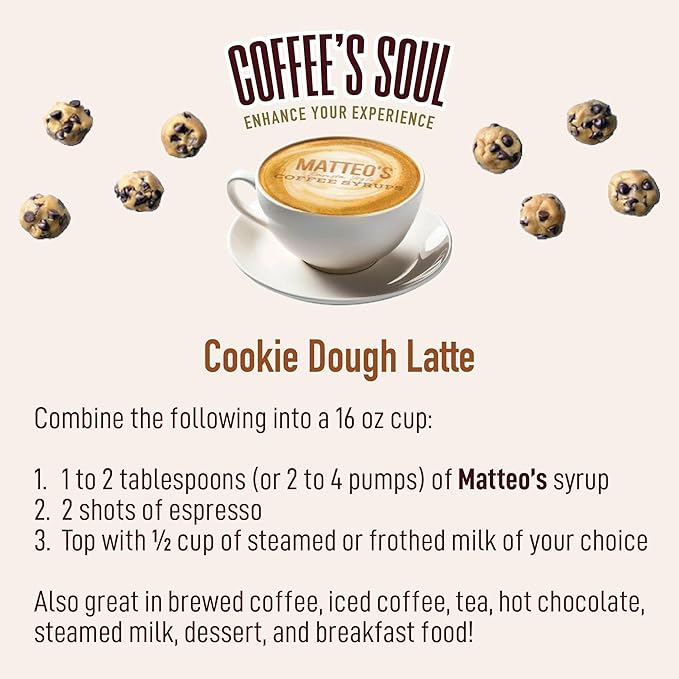 Matteo's Cookie Dough Coffee Syrup – Sugar-Free, Zero Calories, Keto Friendly, 33.8 oz