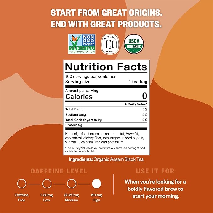FGO Organic Assam Tea, 100 Count, Eco-Conscious Black Tea Bags, Resealable Bag, Packaging May Vary (Pack of 1)