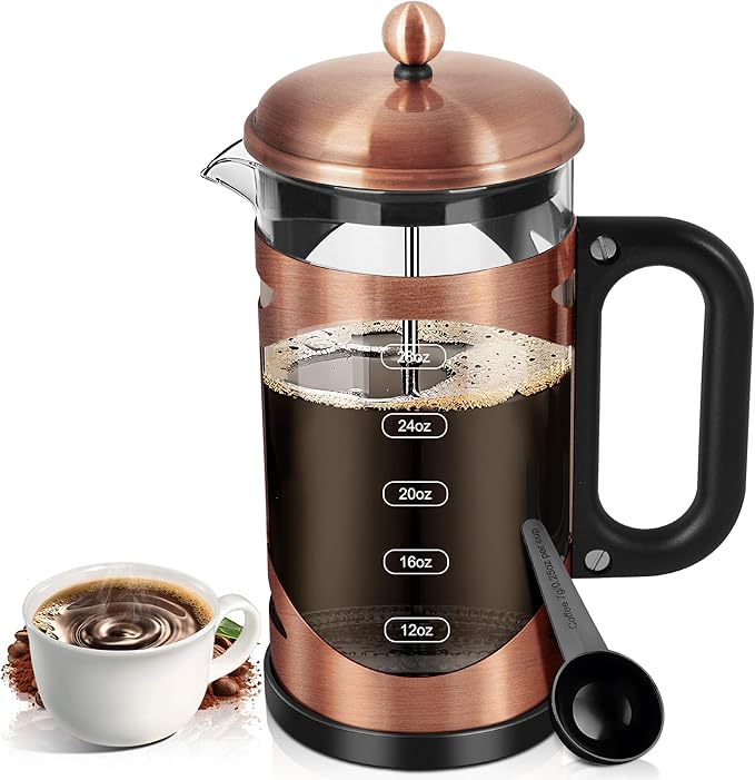 YMMIND 34 Ounce French Press Coffee Maker Copper Stainless Steel Coffee Press, with 4-Level Filter System, Heat Resistant Thickness Borosilicate Glass, BPA-Free Brewed Coffee Pot for Camping Gifts
