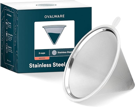 OVALWARE UPGRADED Paperless Stainless Steel Pour Over Coffee Filter – Reusable Permanent Coffee Cone Dripper with Silicone Safety Tab for Easy Removal, Fits Ovalware, Chemex, Hario & Other Carafes
