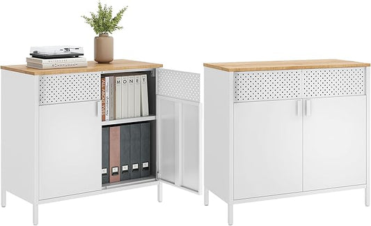 SONGMICS Set of 2 Storage Cabinets, Metal Cabinet, Sideboard with 2 Doors, 15.7 x 31.5 x 29.9 Inches, Magnetic Closure, Adjustable Shelf, Steel Frame, Natural Beige and White ULSC791W01