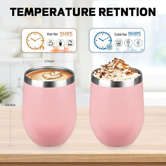 StarSpeed 12oz/6 Pack Wine Tumbler with lid, Stainless Steel Travel Mugs Stemless Double Wall Insulated Coffee Cup, Insulated Wine Glasses Travel Tumbler for Cold & Hot Drinks(Light Pink, 6)