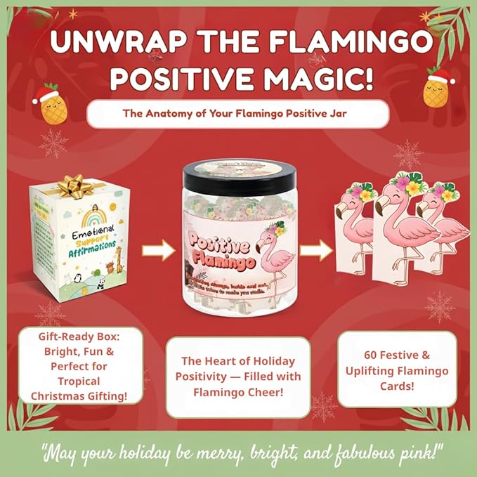Positive Flamingo Jar with 60 Daily Affirmation Cards, Emotional Support Flamingo Decor, Mini Flamingo Figurines, Birthday Gifts for Women and Friends, Inspirational Desk Present for Coworkers