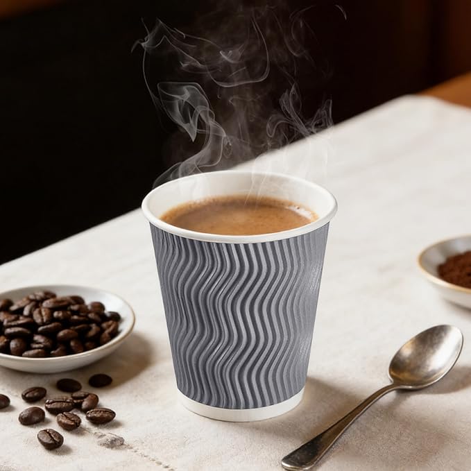BYSNOW 100 Pack 8 oz Coffee Cups with Lids, Disposable Insulated Hot Cups To Go Paper Coffee Cups, Corrugated Ripple Wall Cup for Hot Drink, Office, Coffee Bar (Grey 8 oz)