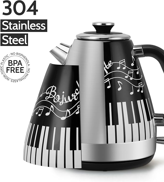 Electric Kettle with Piano & Musical Notes Design, 1.7L Stainless Steel Interior, 1200W Fast Water Boiler for Tea & Coffee, Cordless with Auto Shut-Off, Unique Musician Gift & Kitchen Decor