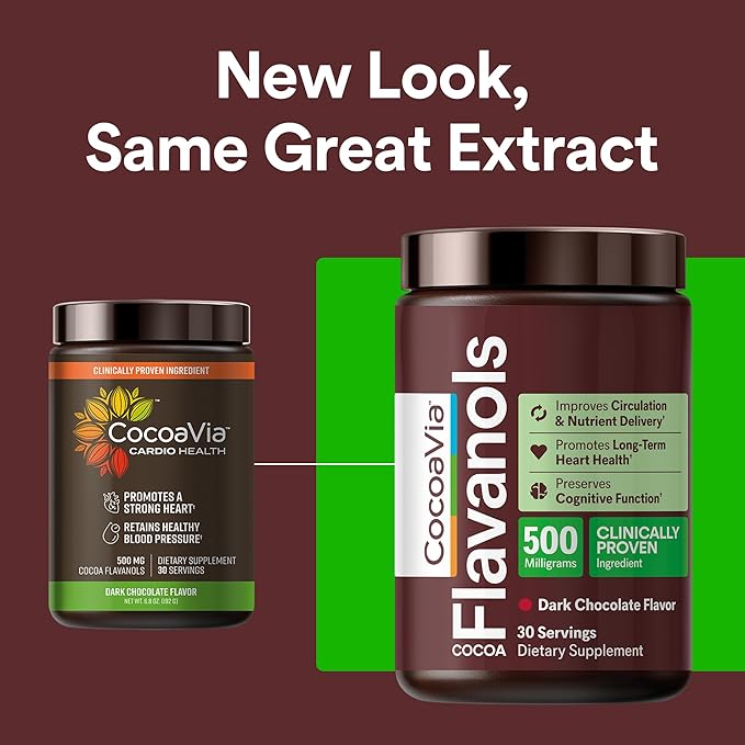 CocoaVia Cardio Health Cocoa Powder, 60 Servings, 500mg Cocoa Flavanols, Support Heart Health, Boost Nitric Oxide, Improve Circulation, Energy, Preworkout, Vegan, Dark Chocolate Cacao