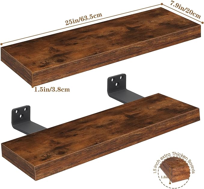 Rustic Brown Floating Shelves 25 Inch Rust Brown Shelves for Wall with 1/5" Thicker Steel Brackets | Heavy Duty Farmhouse Wall Shelves | Solid wood Core | Rustic Floating Shelves for Décor Set of 2
