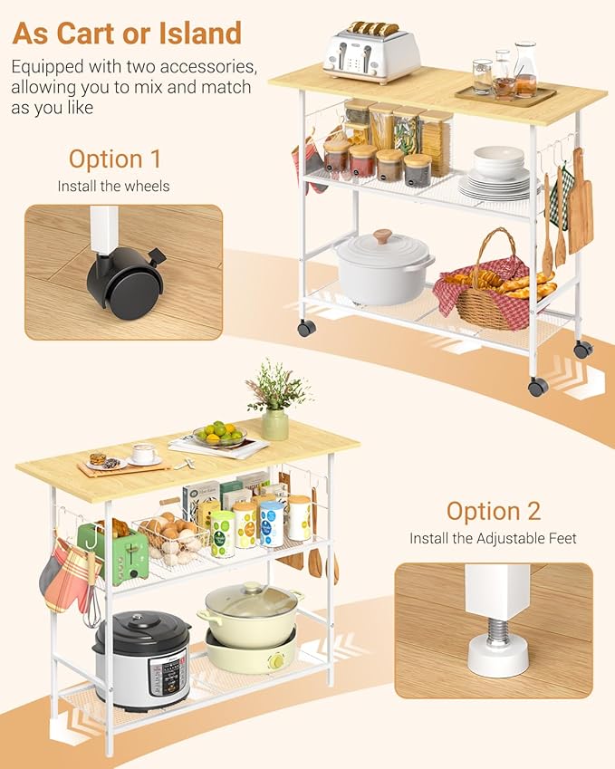 Kitchen Island with 3 Shelves, Rolling Kitchen Cart with 6 Hooks and Protective Shelf, Microwave Stand on Lockable Wheels, Bakers Rack Coffee Bar for Dining, Living Room, Outdoor, Metal Frame, White