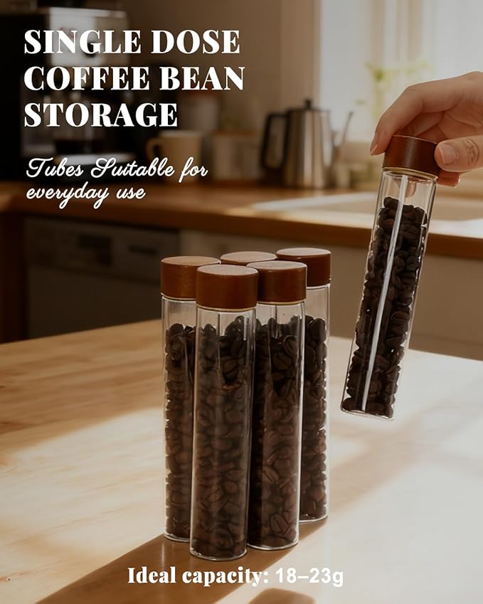 Coffee Bean Storage Tubes Refill Pack – 6pcs 80ml Airtight Glass Coffee Bean Container with Bamboo Lids for Single Dose Storage, Replacement Tubes for Barista