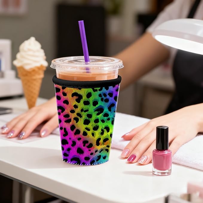 Rainbow Leopard Iced Coffee Sleeve Set Rainbow Leopard Iced Coffee Sleeve Set of 3 Colorful Neon Animal Print Insulated Coffee Sleeve for Women & Gifts Fits S/M/L 3-Pack