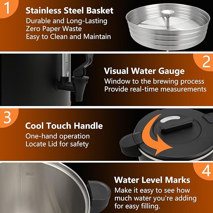 30-Cup 6L Commercial Coffee Urn, Festa Essential 750W Double Wall Large Percolate Coffee Maker Stainless Steel Hot Water Urn Dispenser with Double Dripless Faucet, Quick-Brewing for Catering, Black