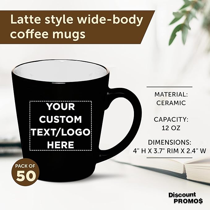 Custom Ceramic Coffee Latte Mugs 12 oz. Set of 50, Personalized Bulk Pack - Perfect for Coffee, Tea, Espresso, Hot Cocoa, Other Beverages - White