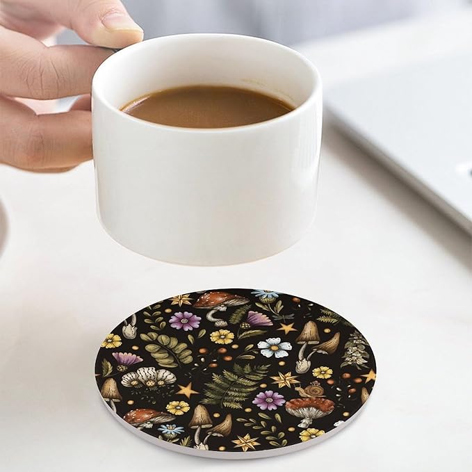 Round-4PCS Botanical Ceramic Coasters, Round Absorbent Drink Coasters, Cartoon Botanical Floral Rustic Plant Leaves Mushroom Ceramic Table Coasters for Coffee, Beverage, Wine, Beer Coasters