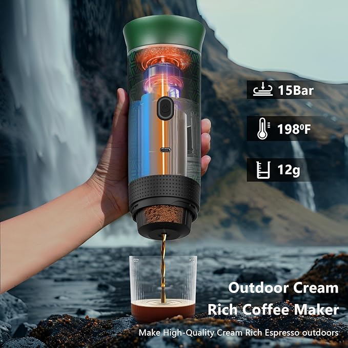Coffee Maker Gift Set for Camping,Battery Powered Portable Electric Espresso Machine, Rechargeable Coffee Maker Self Heating Ground Coffee Capsule for RV, Hiking (Green mix Black)