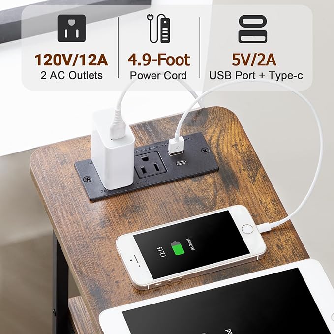 Narrow End Table Living Room with Charging Station, Skinny Side Table with Fabric Drawers, Slim Nightstand for Bedroom, Small Spaces, Couch, Brown, HETNDP03BR-1