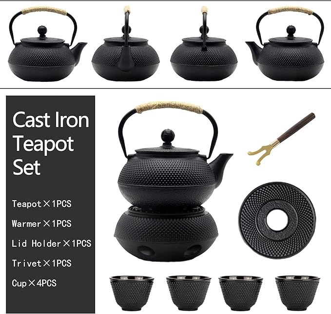 20.3oz Small Cast Iron Teapot Set with Warmer, Japanese Black Tea Kettle for Stovetop Safe, Teapot and Cups Set, Tea Pot with Stainless Steel Infuser for Loose Tea(600ml)