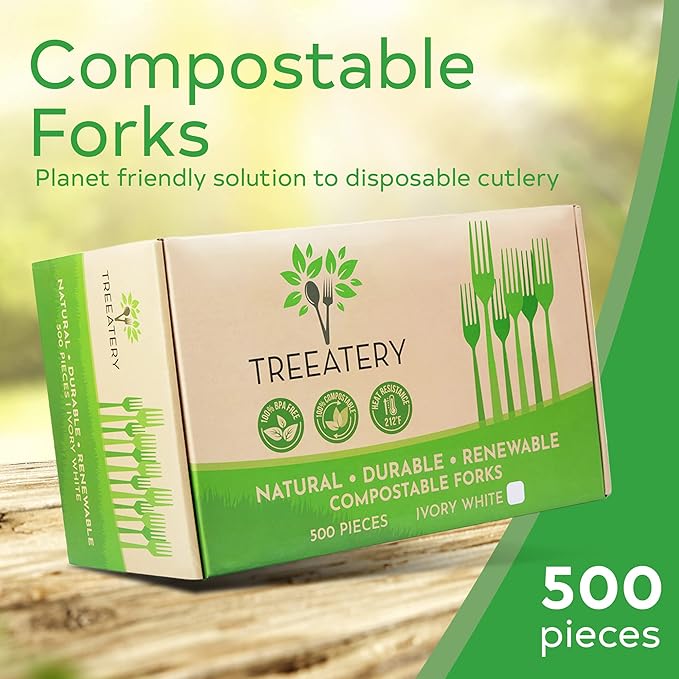 Compostable Forks, Plant Based Compostable Utensils, BPI-Certified Disposable Cutlery, Compostable Forks Bulk Value Pack, 500 Pieces, Ivory White