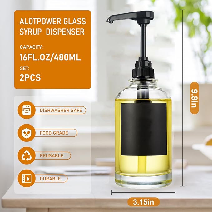 AXIM Coffee Syrup Dispenser,2 Pack 500 ml/16.9 oz Glass Syrup Dispenser with Labels& Funnel,Coffee Bar Organizer,Modern Coffee Station Accessories for Kitchen