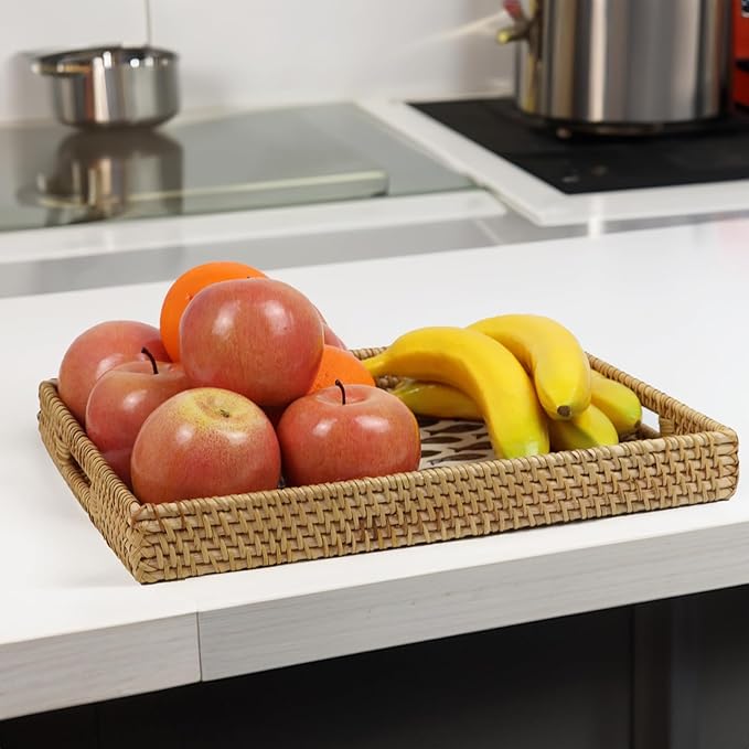 Rattan Serving Tray, Rectangle Coffee Table Tray with Mother of Pearl Inlay, Decorative Wicker Basket with Handle for Coffee, Bread, Fruits, Snacks, Table Decor (Black Fish)