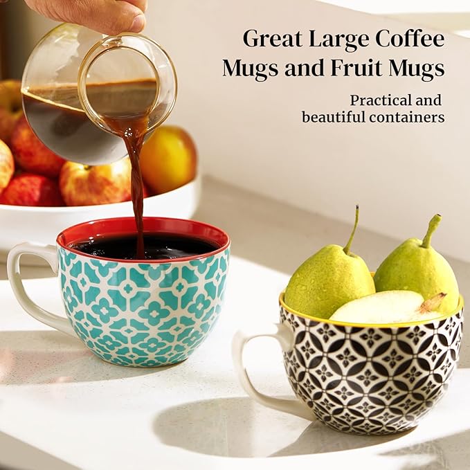 DOWAN Mosaian Soup Mugs, 24oz Large Coffee Mugs Set of 4, Soup Mugs With Handles, Ceramic Mugs for Soup/Coffee/Cereal/Latte, Thanksgiving and Christmas Gifts for Family and Friends