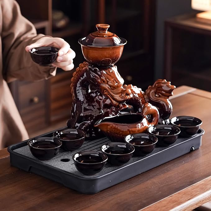 Ceramic Teapot with Infuser Semi Automatic Tea Set Magic Teapot with 8 cups Gradient Color (Yellow Dragon- C)