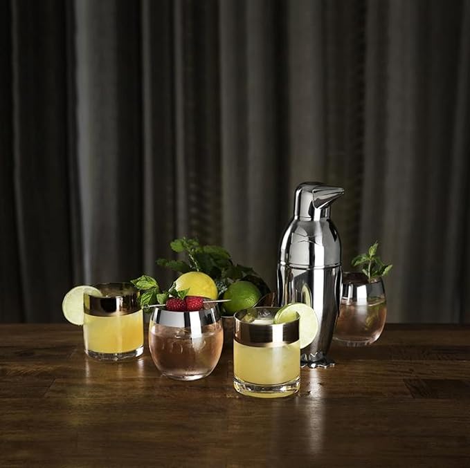 Viski Penguin Cocktail Shaker with Strainer, Stainless Steel Cobbler Shaker for Margaritas, Whiskey Sours & Other Cocktails, Bar Cart Accessories for Home Bars, Cocktail Party Essentials, 17 oz