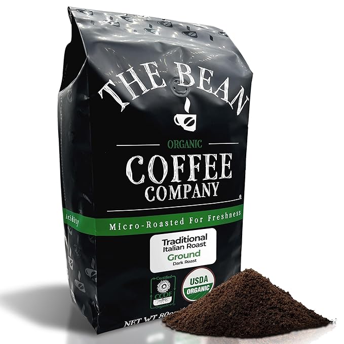 The Bean Organic Coffee Company Il Chicco (Traditional Italian Roast), Dark Roast, Ground Coffee, 5-Pound Bag,Café molido tostado organico