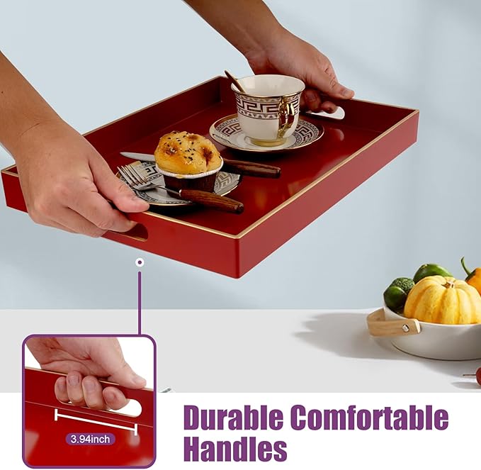Gifturbo Red Large Serving Tray with Handles，Rectangular Plastic Elegant Decorative Coffee Table Tray for Ottoman, Living Room, Bathroom, Home Decor, Vanity Tray with Gold Trimming, 15.7” x 11.8”